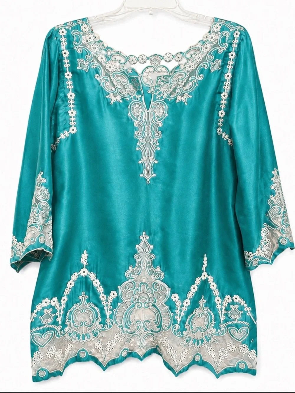 Sea Green 100% Silk Tunic Beige Embroidered Boho Resort Top Medium